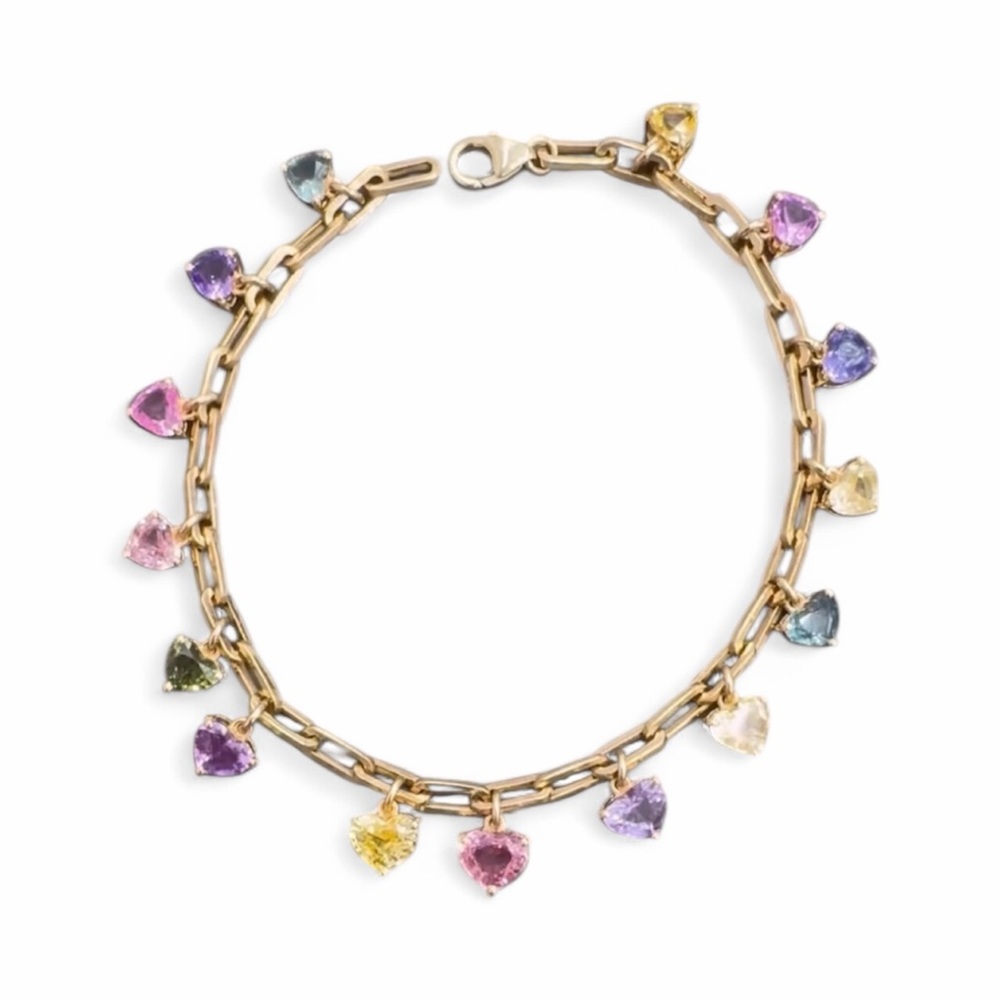Solid 14k Gold paperclip Bracelet with Multicolor Sapphire Heart Charms